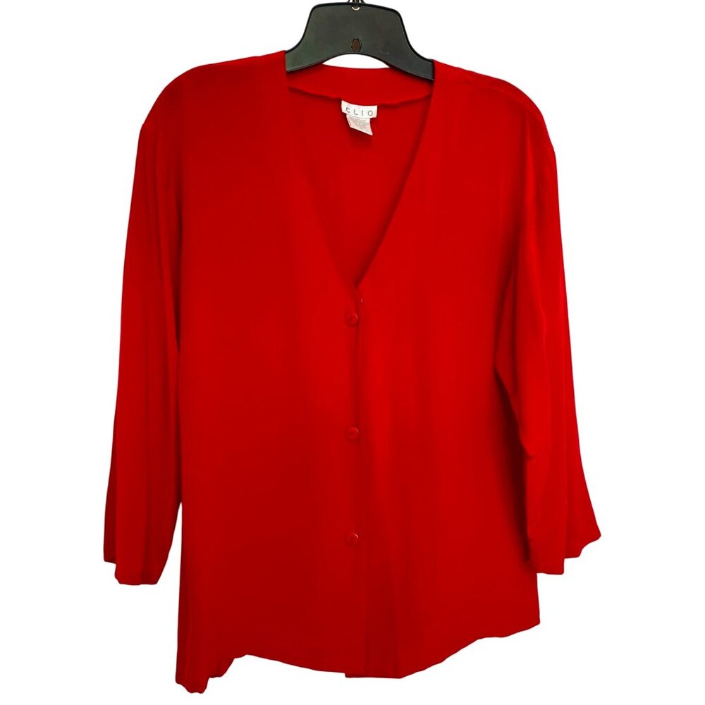 Clio Red 100% Silk Button Front Blouse Women's Small V Neck Career Office Siren - Picture 1 of 7